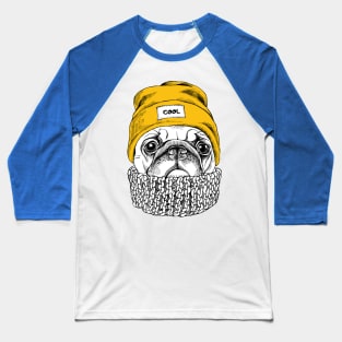 Portrait of Pug in a yellow Hipster hat and with knitted scarf Baseball T-Shirt